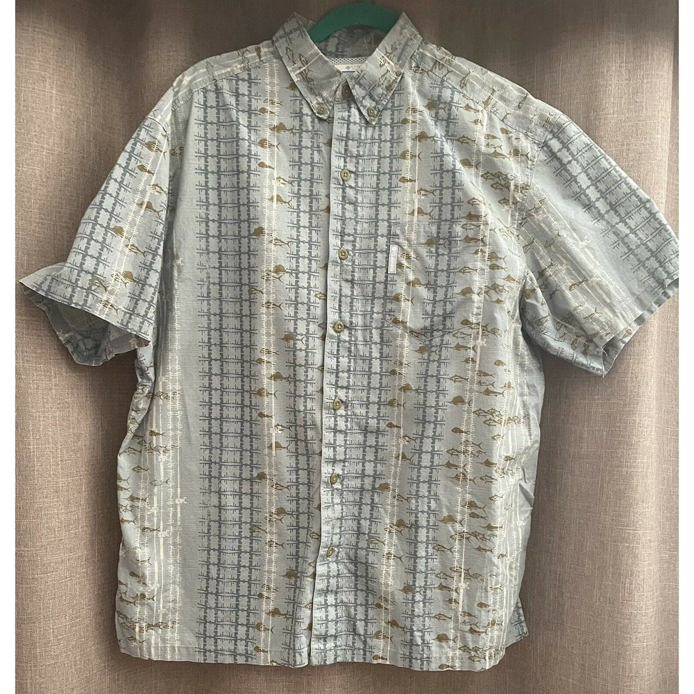 Vintage Columbia PFG Fishing Shirt Teal Swordfish Patterned Size Med